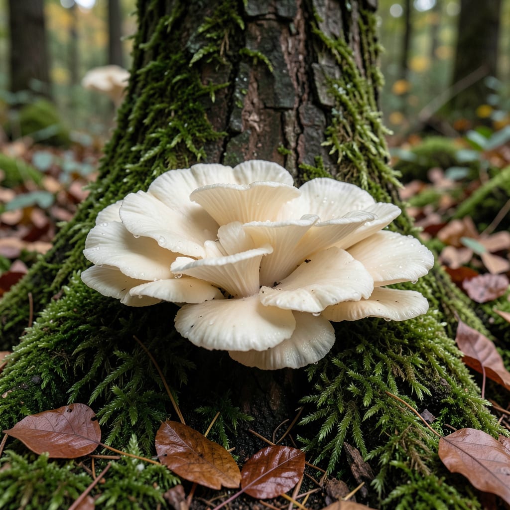 Complete white fungus at base of tree overview image