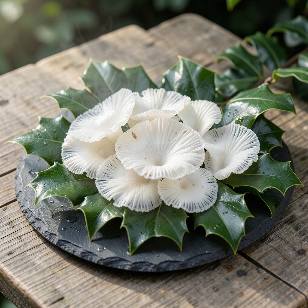 Visual representation of white fungus on holly bushes