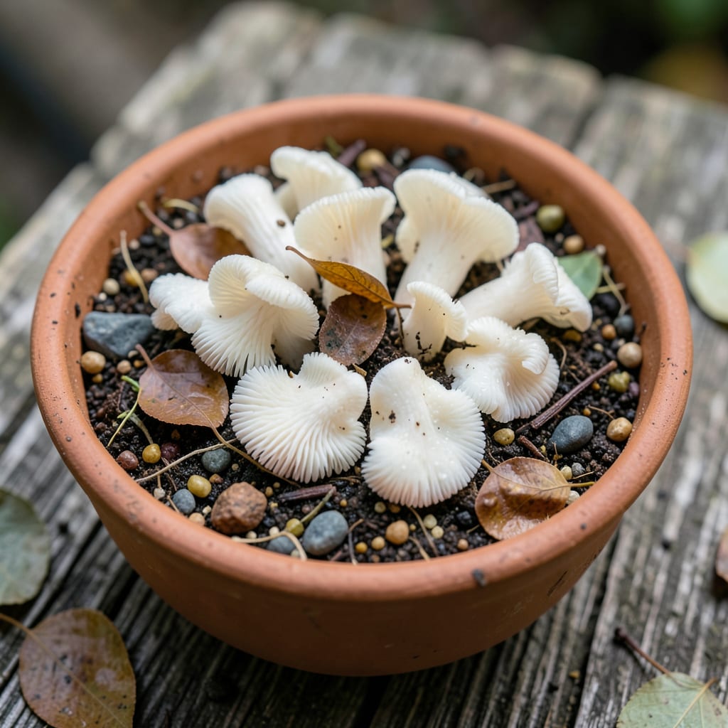 white fungus on plant soil illustration with key details