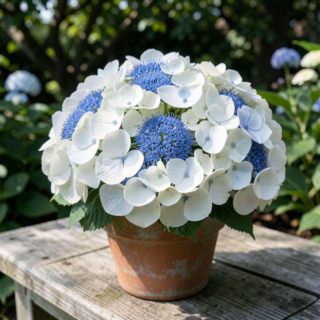 White Hydrangea With Blue Center: Striking Contrast for Garden Elegance illustration with key details