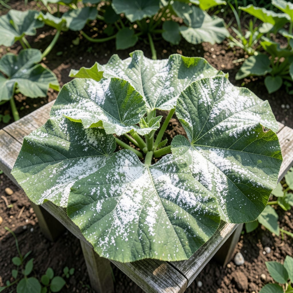 Visual representation of White Mildew on Squash Leaves: Powdery Growth and Plant Care Tips
