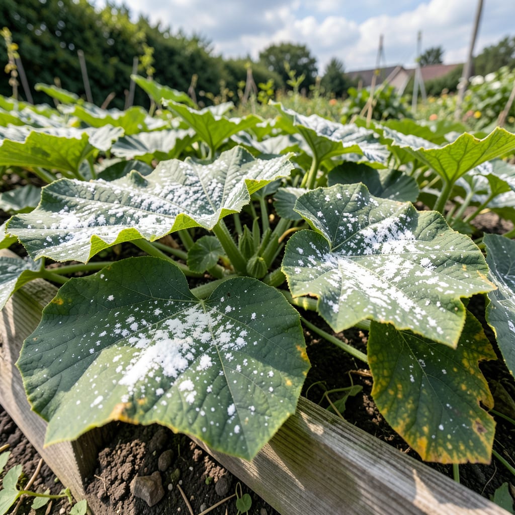 white mildew on zucchini leaves example with annotations