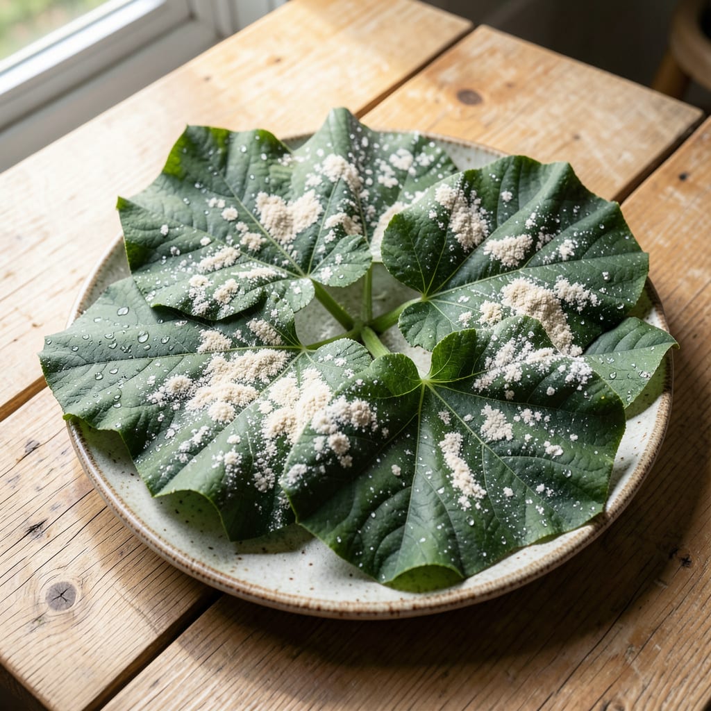 Visual representation of white mold on pumpkin leaves