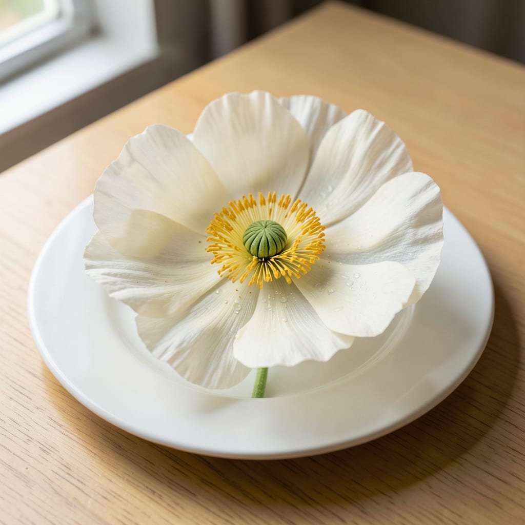 Complete white poppy yellow center overview image