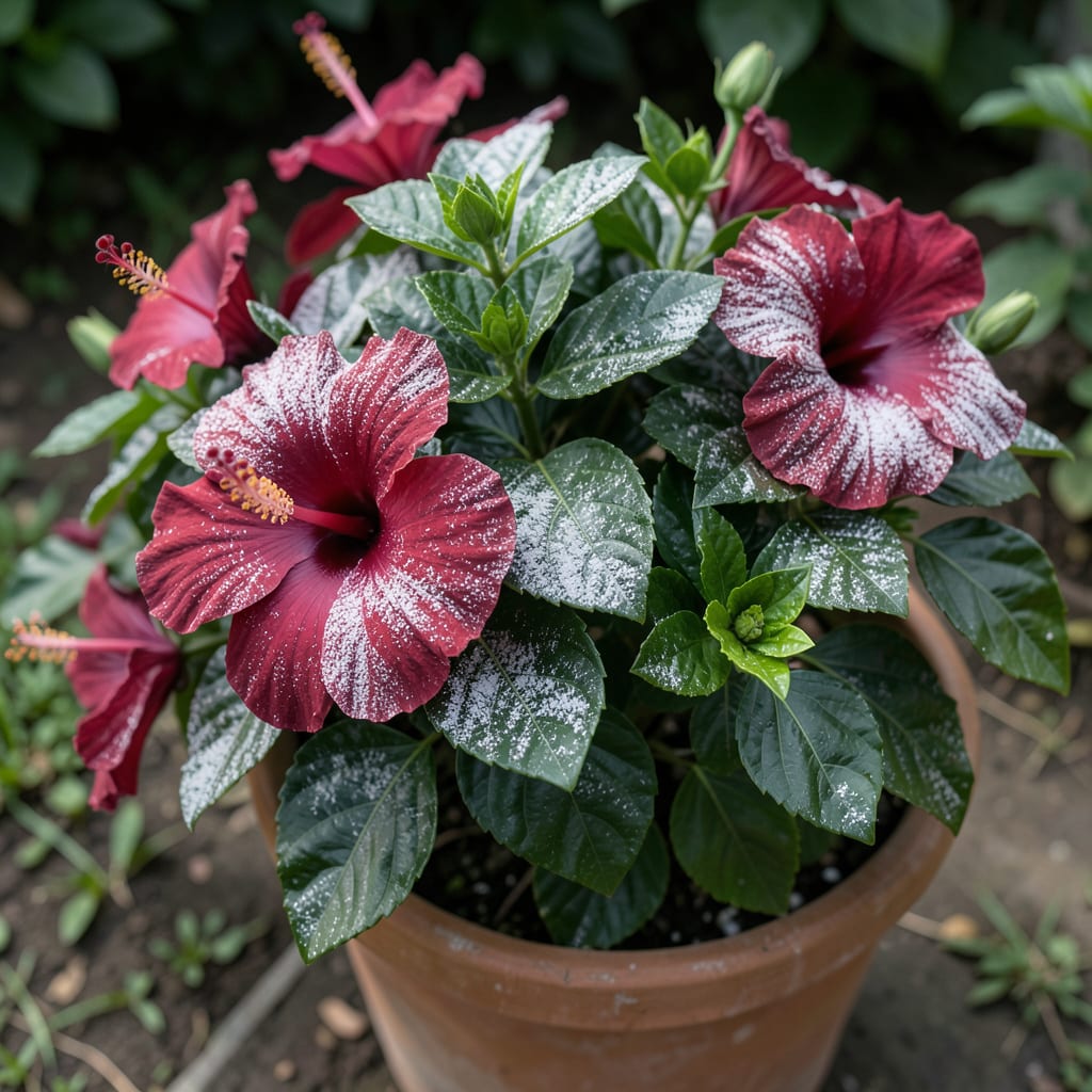 Comprehensive white powdery mildew on hibiscus visual reference
