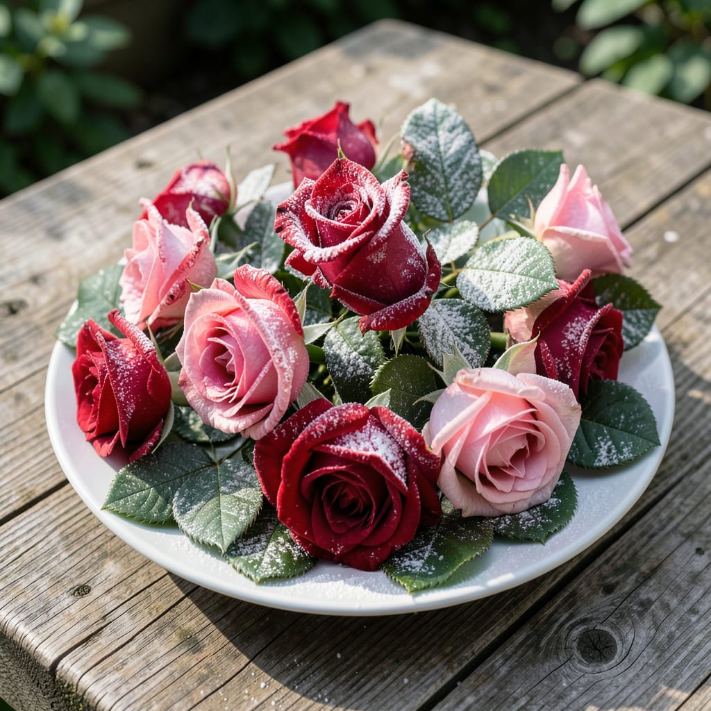 Visual representation of white powdery mildew on roses