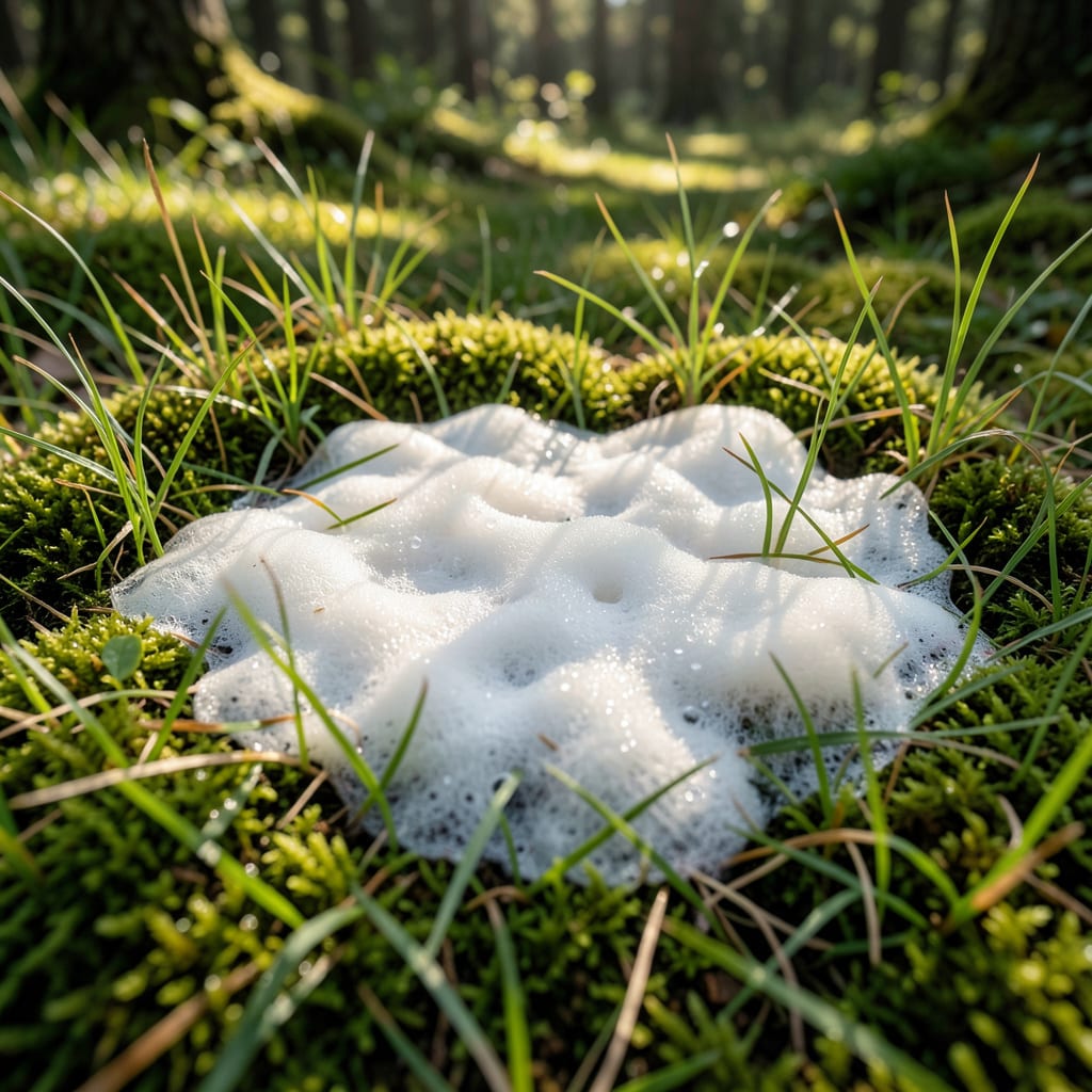 white slime mold on grass illustration with key details