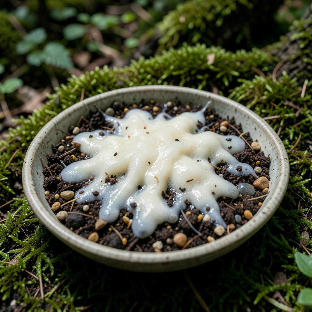 white slime mold on soil example with annotations