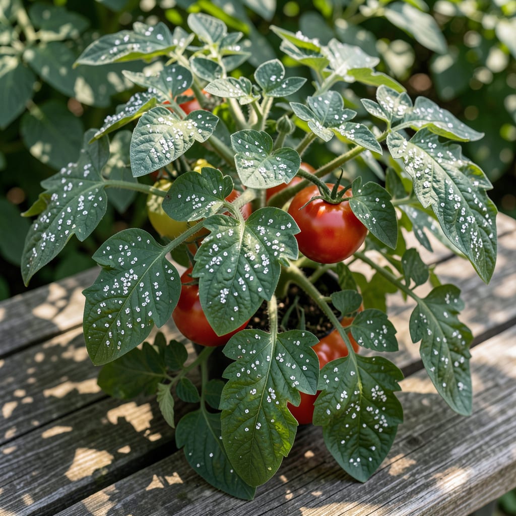 Complete White Specks On Tomato Leaves: Fungal Infection Or Pest Damage Identification overview image