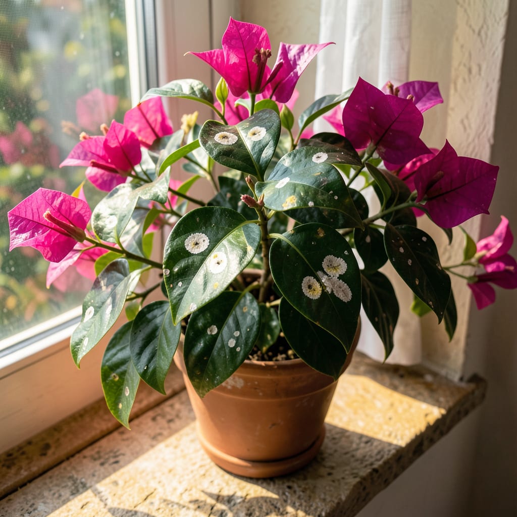 Complete White Spots on Bougainvillea Leaves: Fungal Identification and Plant Rescue Steps overview image