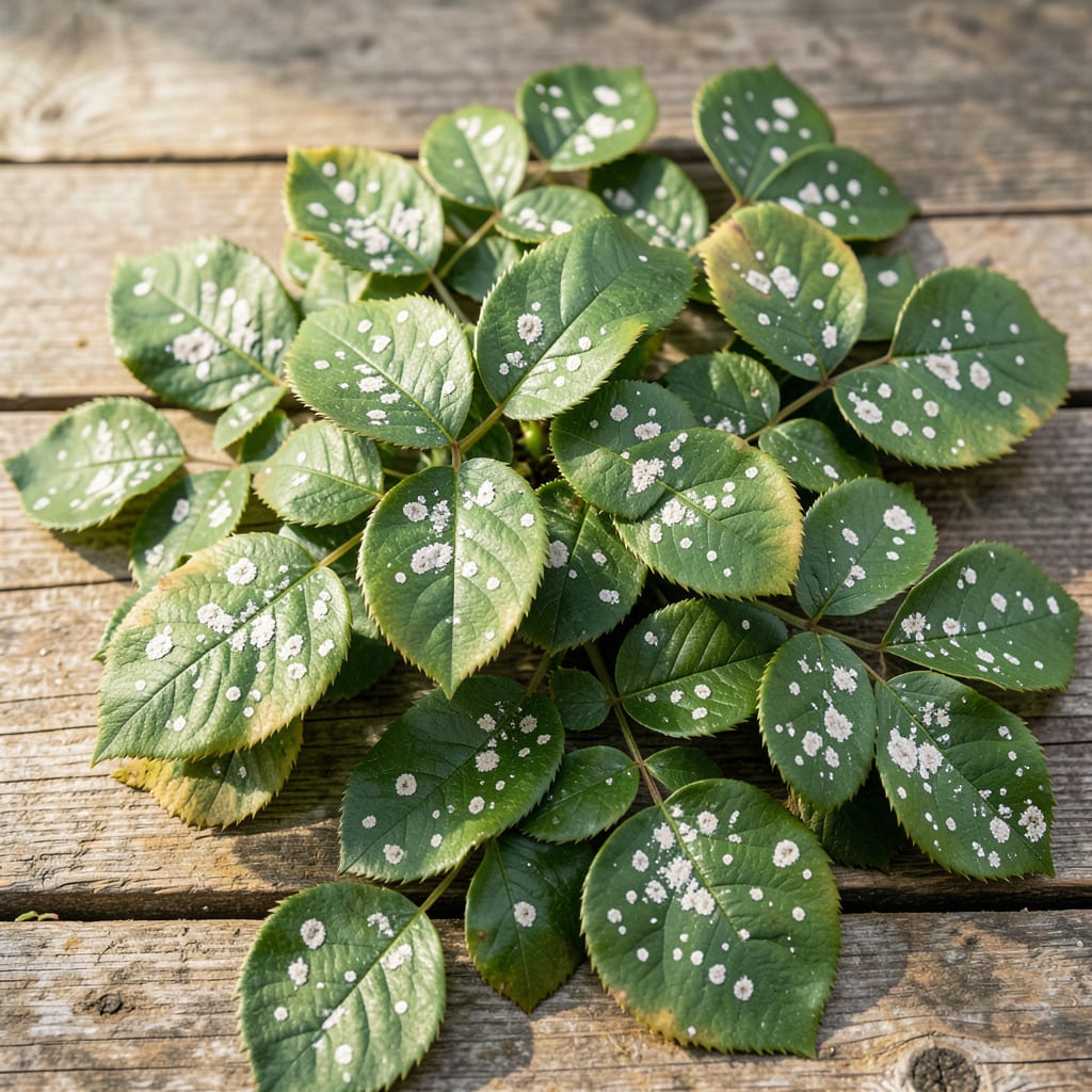 white spots on rose bush leaves example with annotations