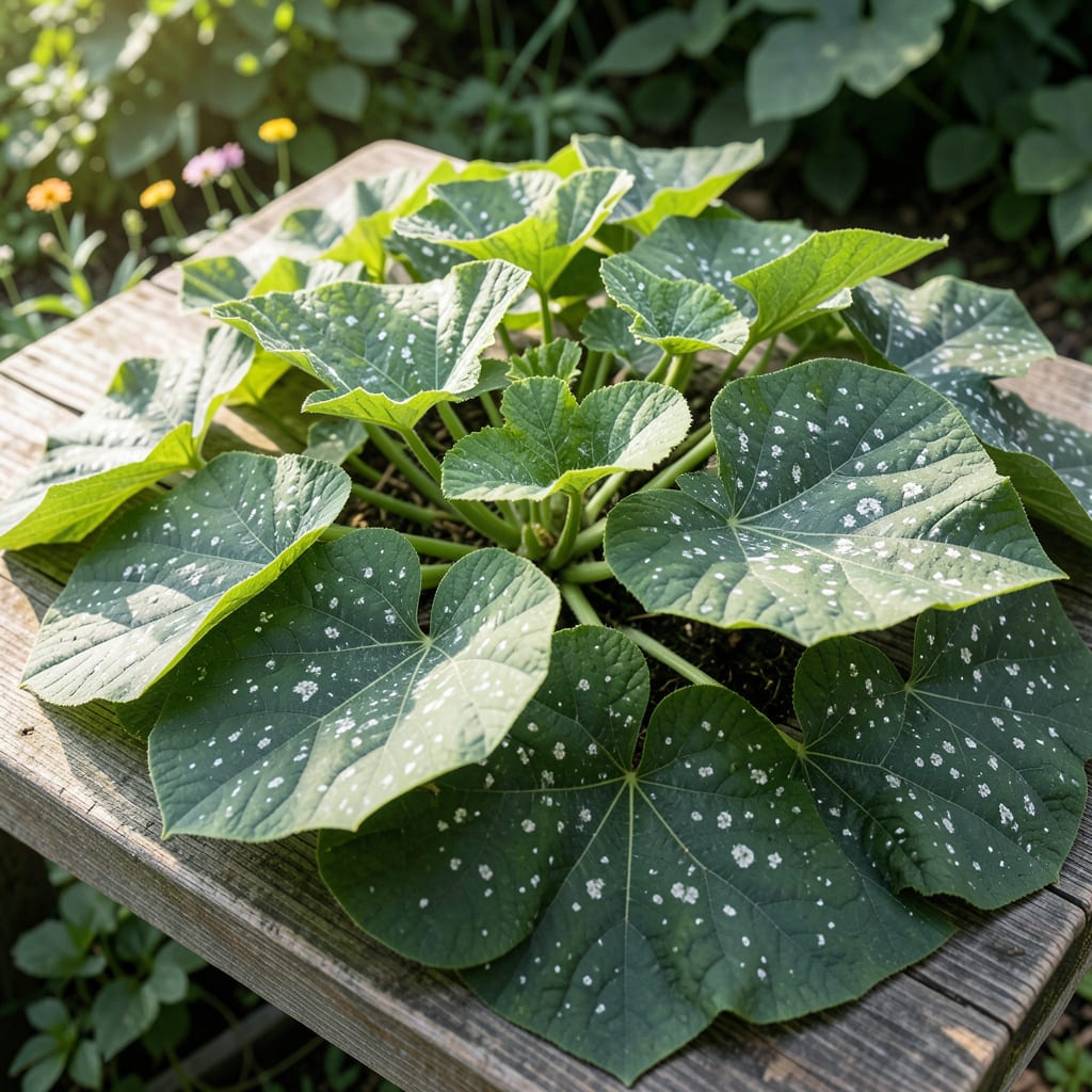 Visual representation of White Spots on Squash Leaves: Fungal Warning and Plant Rescue Plan