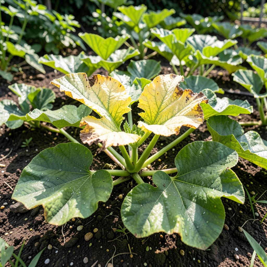 why are my squash plant leaves turning yellow example with annotations