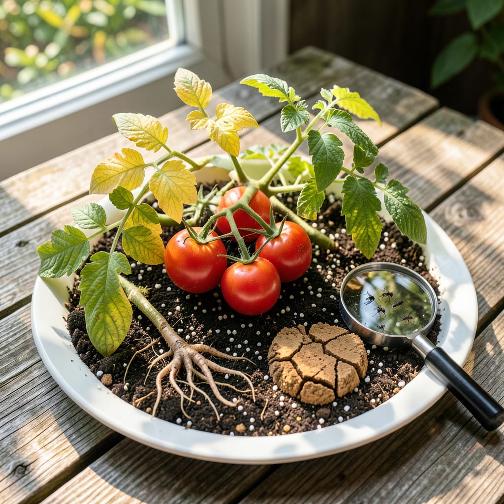 Why Do Tomato Plants Get Yellow Leaves: Environmental Stress and Recovery Steps illustration with key details
