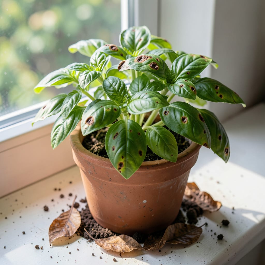 Why Does My Basil Plant Have Brown Spots: Fungal Infection and Remedy Guide example with annotations