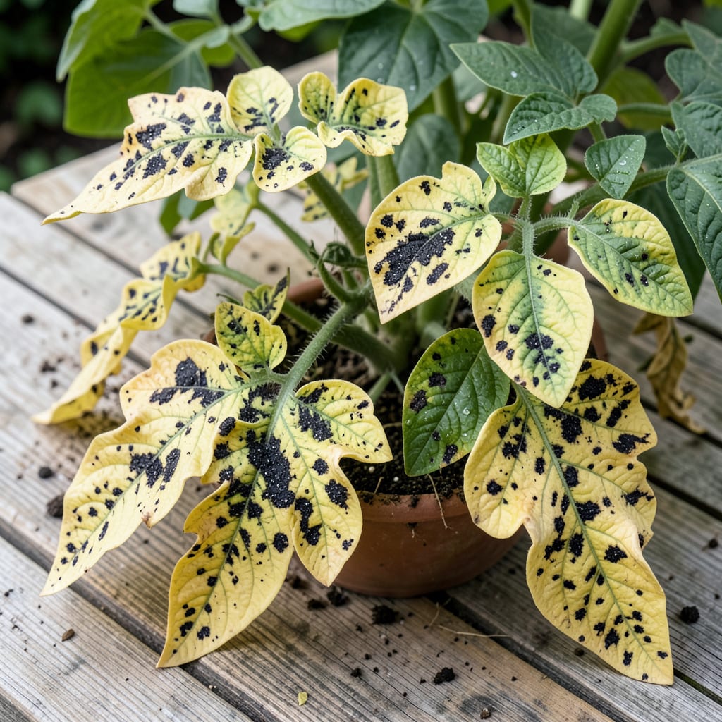Comprehensive yellow leaves on tomato plants with black spots visual reference