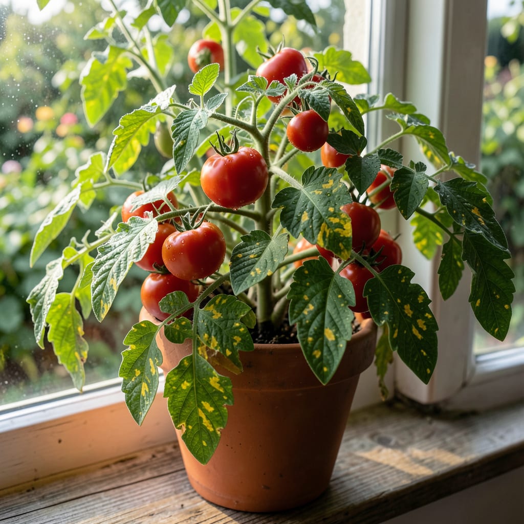 Complete yellow patches on tomato leaves overview image