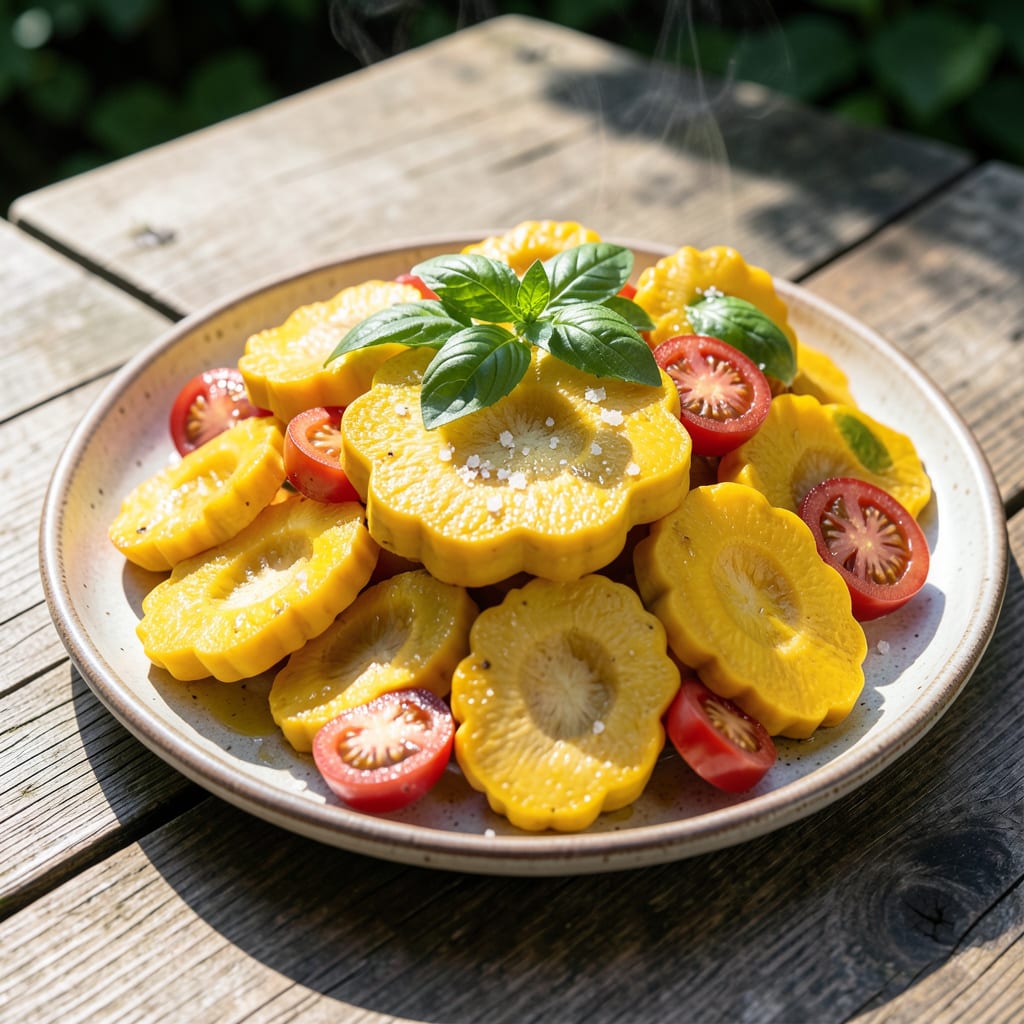 Complete yellow patty pan squash overview image