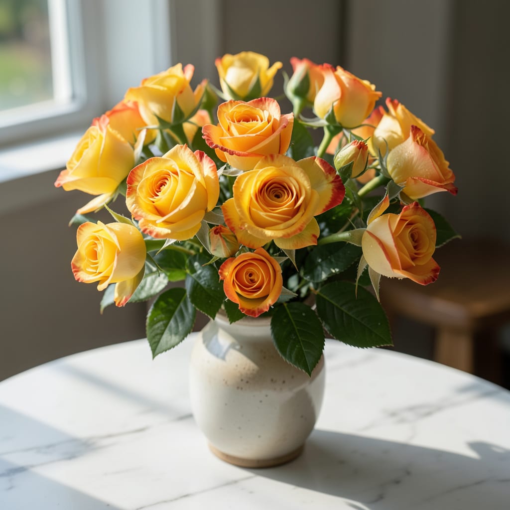 Complete yellow with orange tip roses overview image