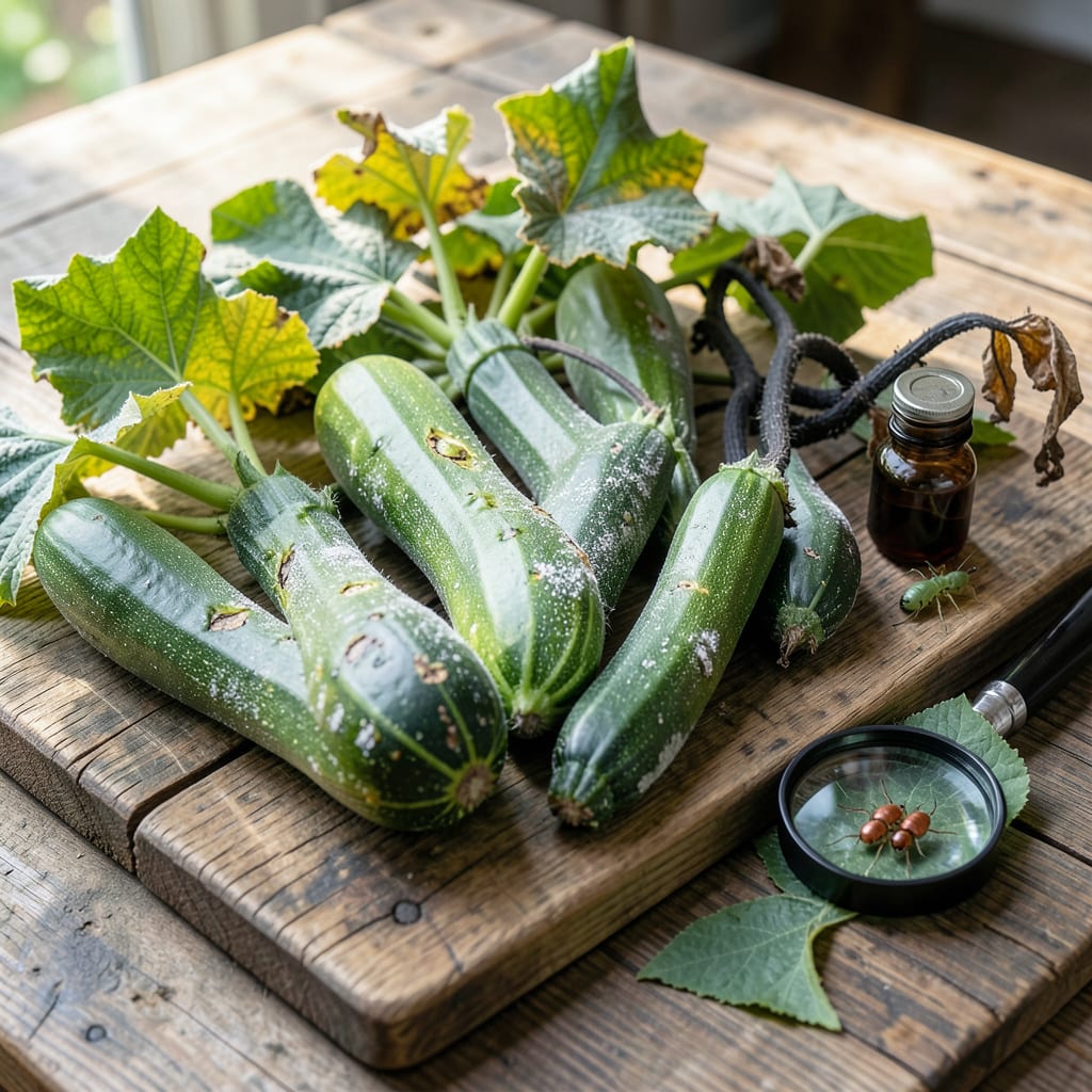 zucchini diseases and pests illustration with key details